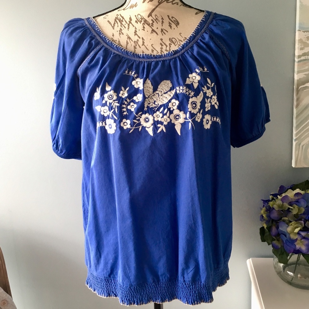 Anthropologie Blue Blouse with Bird Embroidery